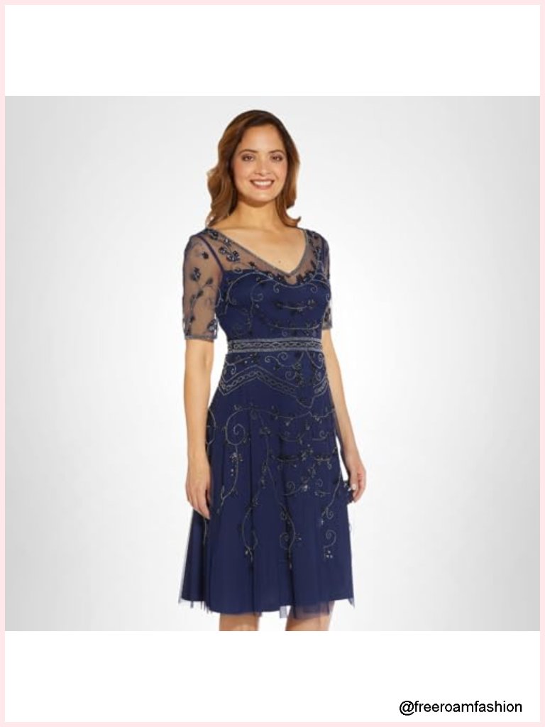 Beaded Midi A-Line Dress With Illusion V-Neck & Sheer Details